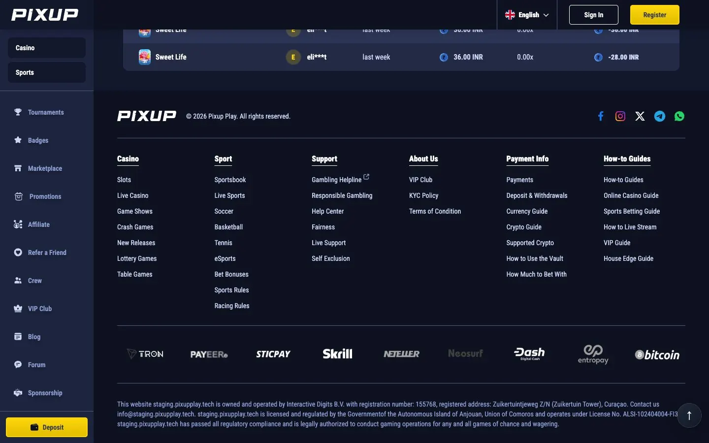 The new footer with guides, payment logos and licence text.