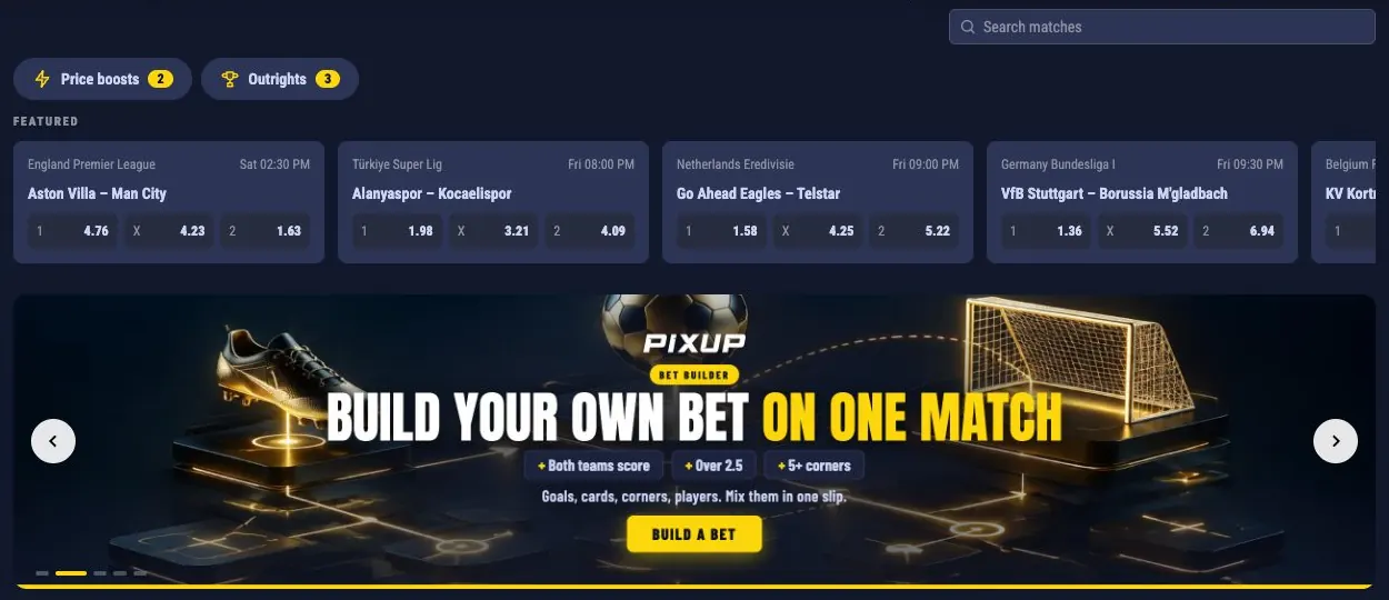 Price boosts and outrights at the top of the sportsbook, plus a bet-builder banner.