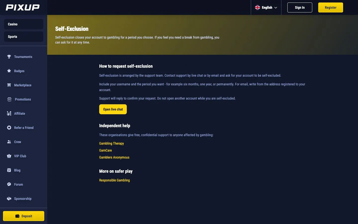 Self-exclusion page.